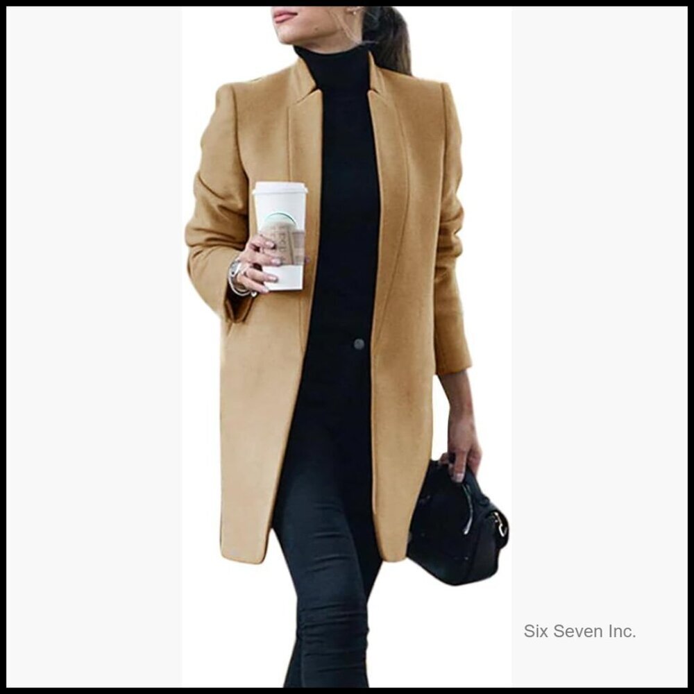 Wool Blended Pea Coat with Pockets Long Sleeve Overcoat